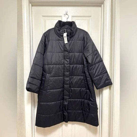 NWT EILEEN FISHER Eggshell Recycled Nylon Stand Collar Coat - Picture 5 of 11